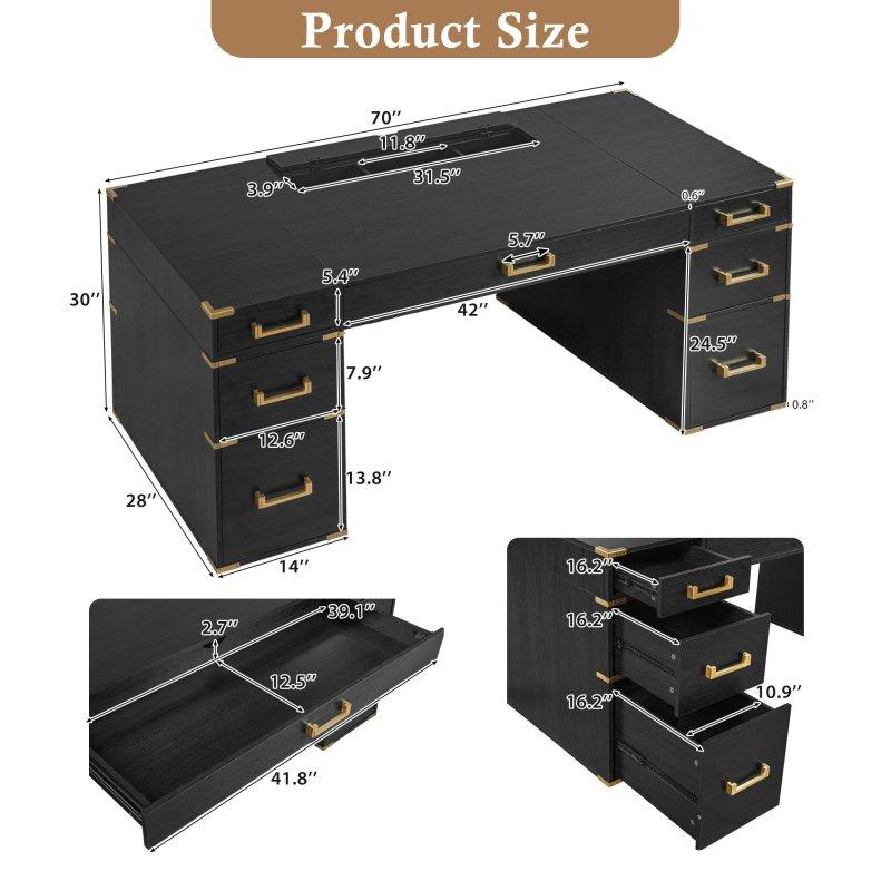 Siyah Gold Metal Kenarlı 7 Çekmeceli USB Portlu MDF Ofis Masası - 178x72 cm - 326301