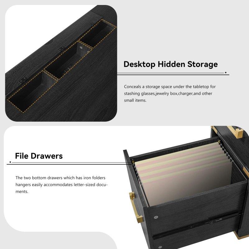Siyah Gold Metal Kenarlı 7 Çekmeceli USB Portlu MDF Ofis Masası - 178x72 cm - 326301