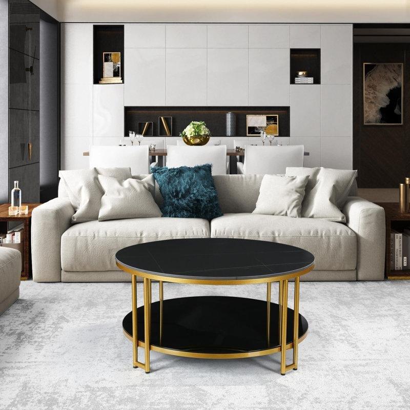 Siyah Gold Sinterlenmiş Taş ve Cam Raflı Yuvarlak Orta Sehpa - Ø89 cm - 243742