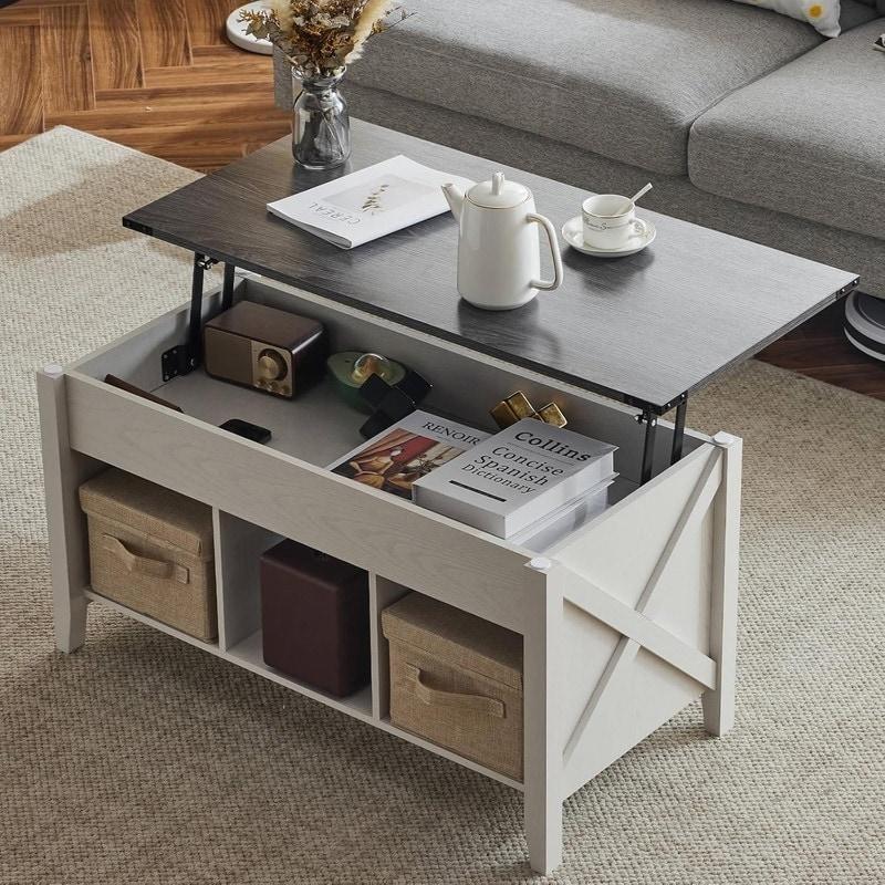 Siyah Gri ve Beyaz Renk Bloklu MDF Asansörlü ve Raflı Akıllı Sehpa - 97x49 cm - 253543