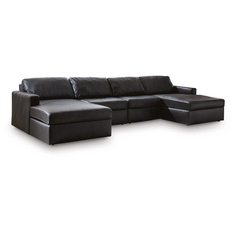 Siyah Hakiki ve Suni Deri Modüler Çift Uzanmalı Köşe Koltuk - 361x176 cm - 255313