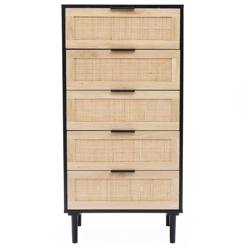 Siyah Hasır Detaylı 5 Çekmeceli Ahşap Şifonyer - 60x40x120 cm - 300396