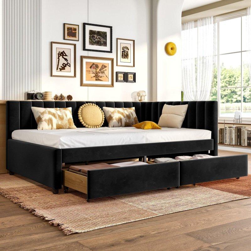 Siyah Kadife Döşemeli Metal 2 Çekmeceli L Başlıklı Köşe Daybed Karyola - 201x148 cm - 330347