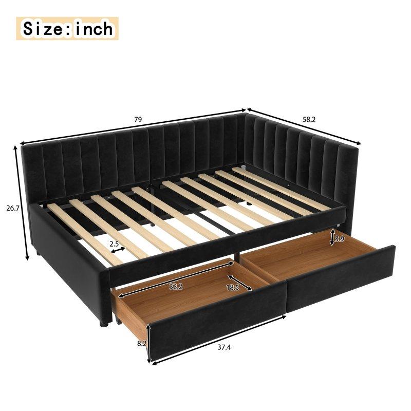 Siyah Kadife Döşemeli Metal 2 Çekmeceli L Başlıklı Köşe Daybed Karyola - 201x148 cm - 330347