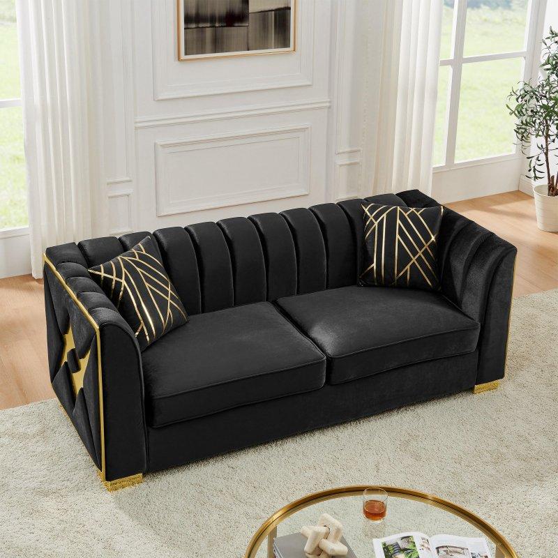 Siyah Kadife Gold Metal Ayaklı Düğme Detaylı 3 Kişilik Bohem Koltuk - 206 cm - 292228