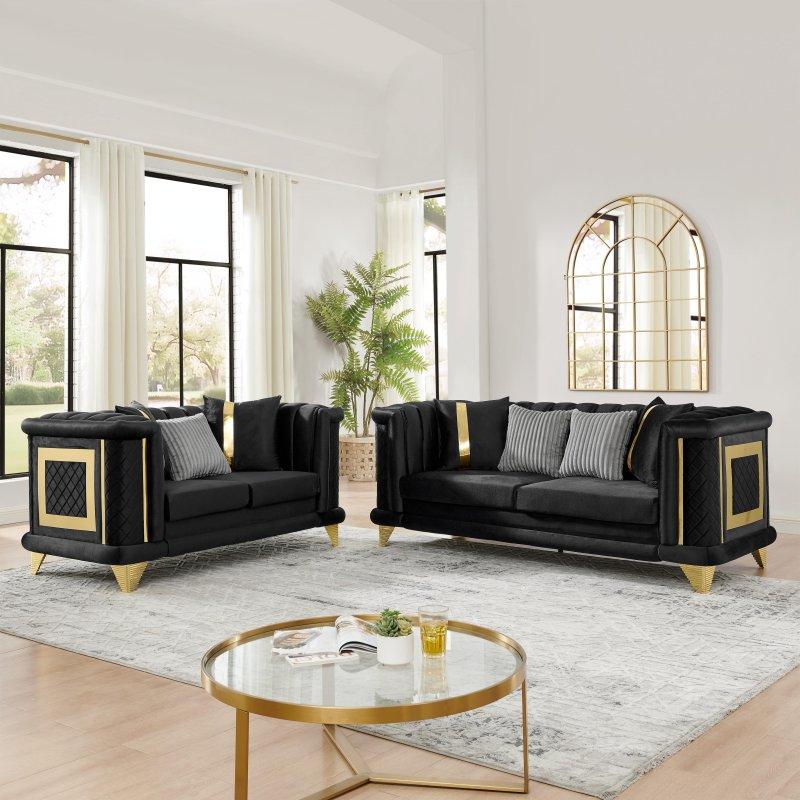 Siyah Kadife Gold Paslanmaz Çelik Detaylı Kapitoneli İkili Bohem Koltuk - 176x99 cm - 290034