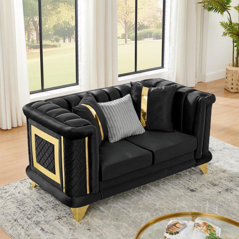 Siyah Kadife Gold Paslanmaz Çelik Detaylı Kapitoneli İkili Bohem Koltuk - 176x99 cm - 290034