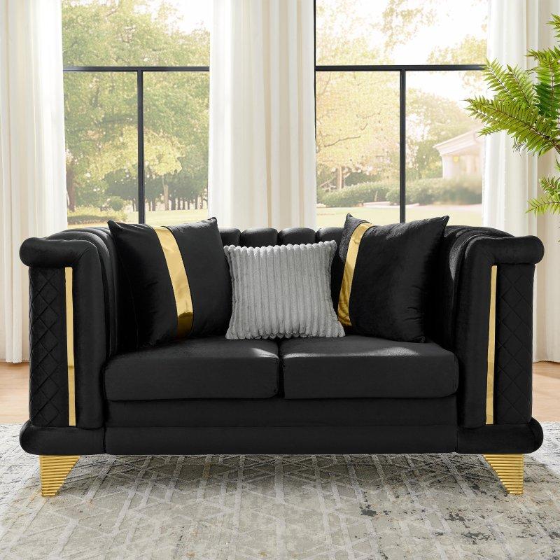 Siyah Kadife Gold Paslanmaz Çelik Detaylı Kapitoneli İkili Bohem Koltuk - 176x99 cm - 290034 Siyah Kadife Gold Paslanmaz Çelik Detaylı Kapitoneli İkili Bohem Koltuk - 176x99 cm - 290034