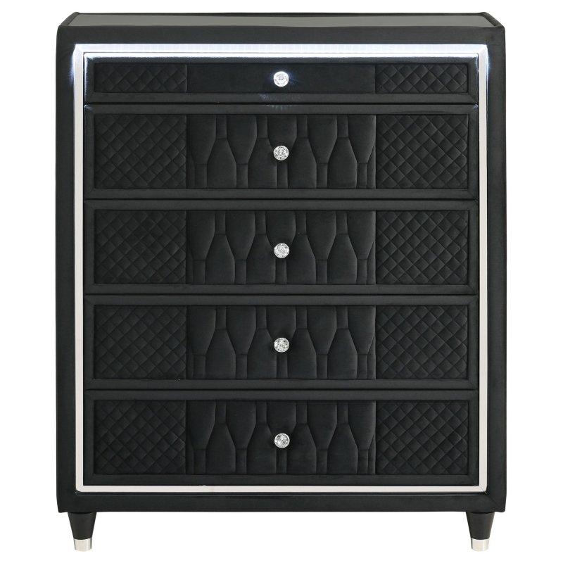 Siyah Kadife Kumaş LED Aydınlatmalı 5 Çekmeceli Kristal Kulplu Şifonyer - 103x41x124 cm - 306105
