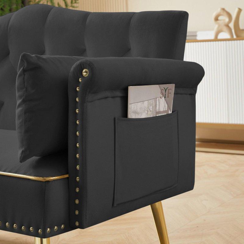 Siyah Kadife Kumaş Metal Ayaklı Kapitoneli 2 Kişilik Bohem Koltuk - 139x66 cm - 292263