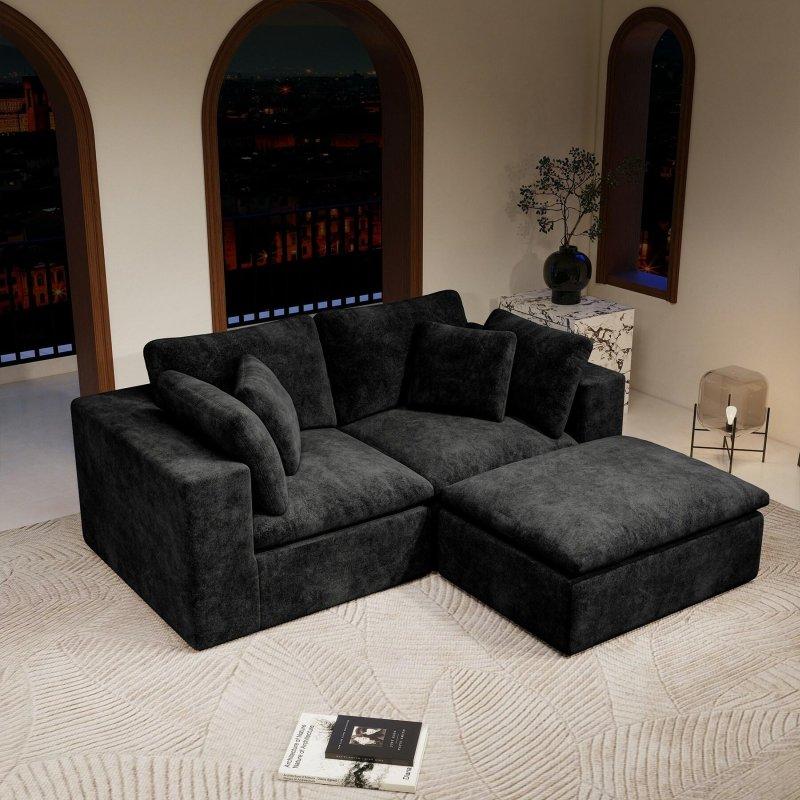 Siyah Kadife Kumaş Modüler Yastık Sırtlı Bohem Koltuk - 201 cm - 293547