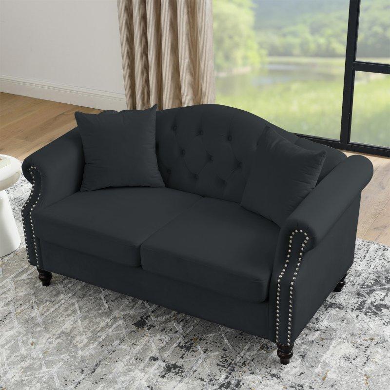 Siyah Kadife Masif Ahşap Chesterfield Kapitoneli Zımba Detaylı Bohem Koltuk - 145x77x82 cm - 291460