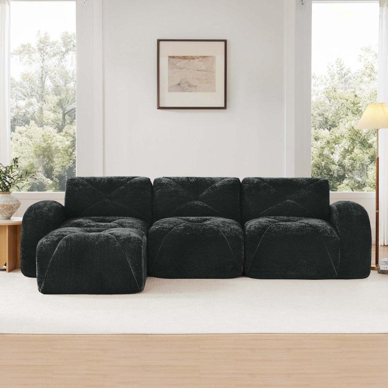 Siyah Kadife Masif Ahşap L-Şekilli Modüler Bohem Koltuk - 281x171 cm - 291907