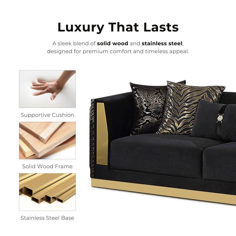 Siyah Kadife Zebra Desenli Gold Detaylı Bohem Koltuk - 234 cm - 278288