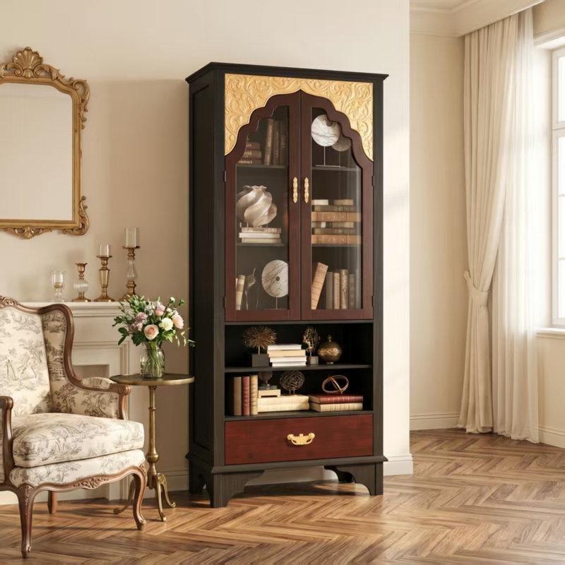 Siyah Kahverengi Masif Ahşap 5 Raflı Çekmeceli Gold Detaylı Cam Kapaklı Kitaplık - 183x81x40 cm - 238641