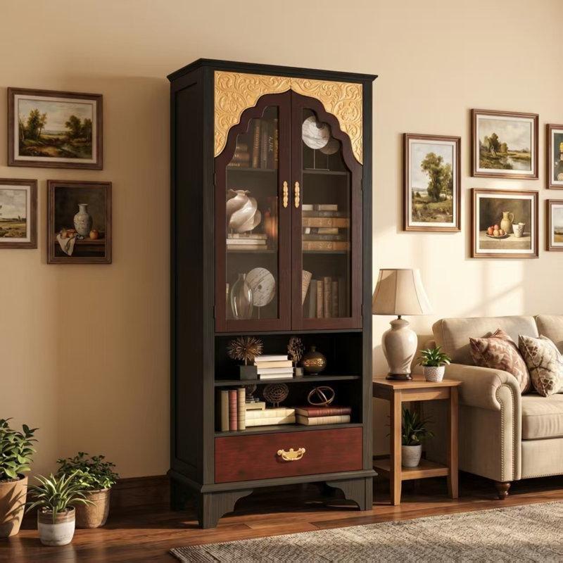Siyah Kahverengi Masif Ahşap 5 Raflı Çekmeceli Gold Detaylı Cam Kapaklı Kitaplık - 183x81x40 cm - 238641