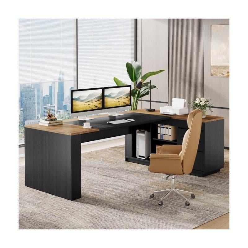 Siyah Kahverengi MDF Çekmeceli Dolaplı L Tipi Ofis Masası - 200 cm - 328158