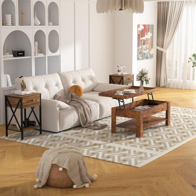 Siyah Kahverengi Metal ve MDF Kalkar Tablalı Gizli Bölmeli 2 Yan Sehpalı Akıllı Sehpa Seti - 99x50 cm - 253766