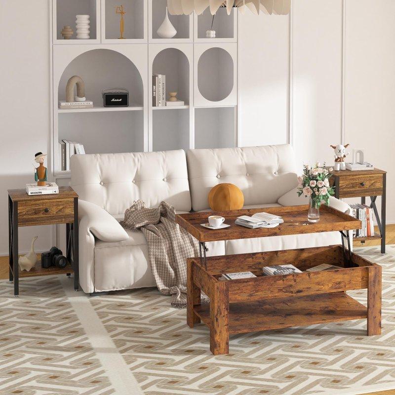 Siyah Kahverengi Metal ve MDF Kalkar Tablalı Gizli Bölmeli 2 Yan Sehpalı Akıllı Sehpa Seti - 99x50 cm - 253766