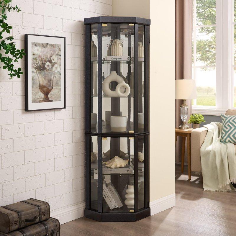Siyah Kiraz Ağacı Işıklı Cam Kapaklı Köşe Kitaplık - 42x178x42 cm - 317511
