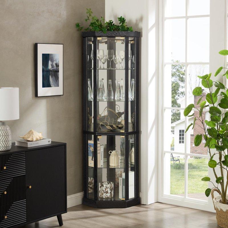 Siyah Kiraz Ağacı Işıklı Cam Kapaklı Köşe Kitaplık - 42x178x42 cm - 317511