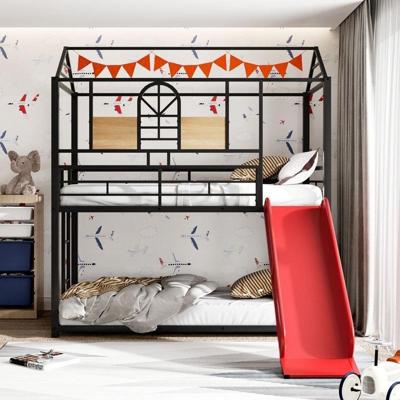 Siyah Kırmızı Metal Kaydıraklı ve Raflı Ev Tipi Ranza - 247983