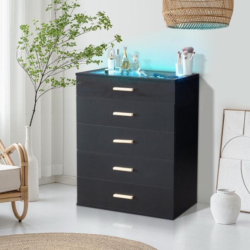 Siyah LED Aydınlatmalı 5 Çekmeceli Şifonyer - 306373