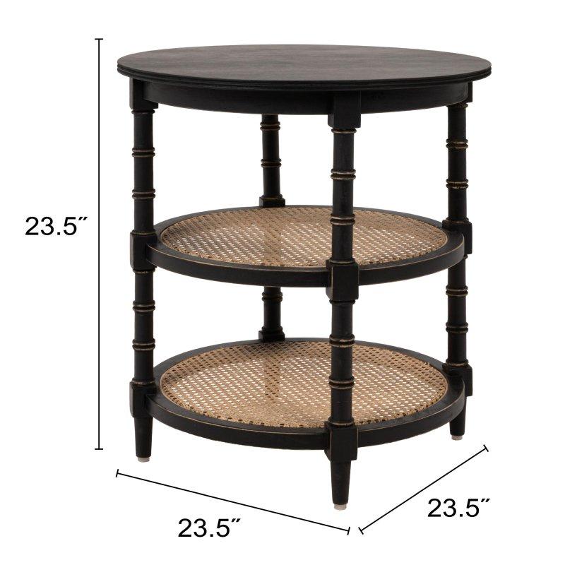 Siyah Mango Ağacı İki Hasır Raflı 3 Katlı Yuvarlak Orta Sehpa - 60x60x60 cm - 241009