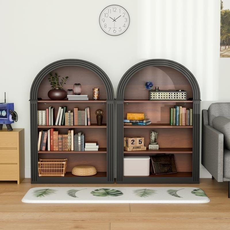 Siyah Masif Ahşap 4 Raflı Kemerli Eskitme Tasarım Kitaplık - 116 cm - 315985