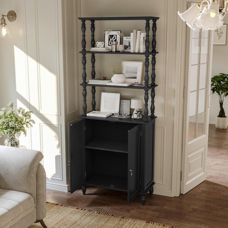 Siyah Masif Ahşap Ayaklı Dolaplı Retro Kitaplık - 196 cm - 312660