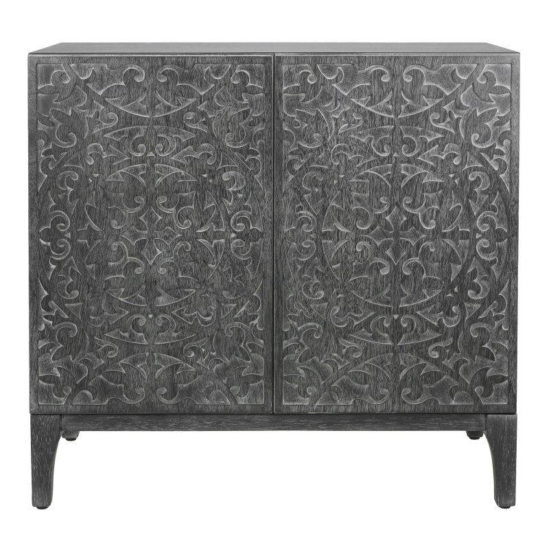 Siyah Masif Ahşap Oymalı 2 Kapaklı Bohem Konsol - 81x39x75 cm - 325338