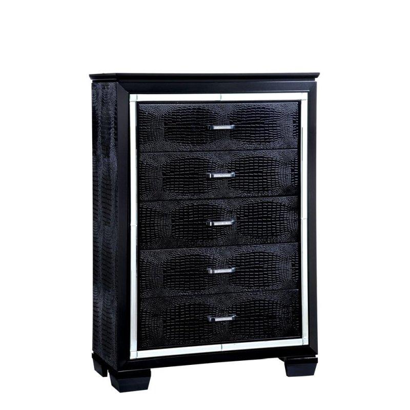 Siyah Masif Ahşap Timsah Derisi Dokulu 5 Çekmeceli Şifonyer - 97x45x140 cm - 302603