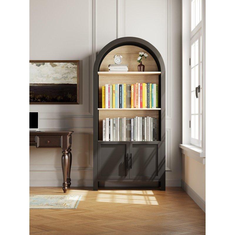 Siyah Masif Ahşap ve MDF Kemerli Kapaklı 3 Raflı Kitaplık - 80x170 cm - 312961