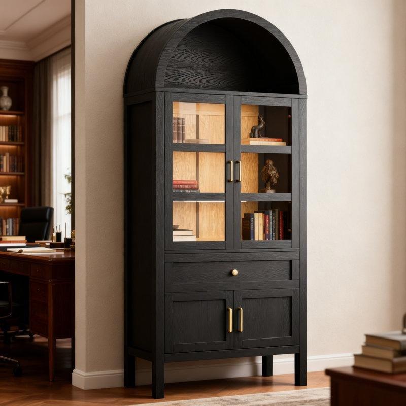 Siyah Masif Ahşap ve MDF Kemerli LED Aydınlatmalı Çekmeceli Cam Kapaklı Kitaplık - 181 cm - 238619