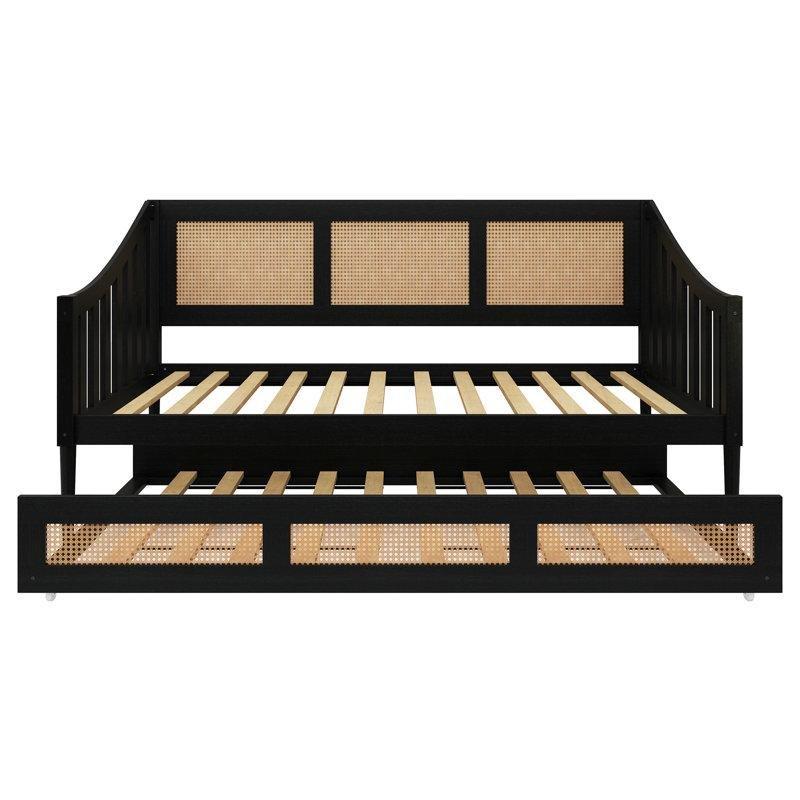 Siyah Masif Ahşap ve MDF Rattan Tasarımlı Tekerlekli Yavru Yataklı Karyola - 206x107 cm - 329430