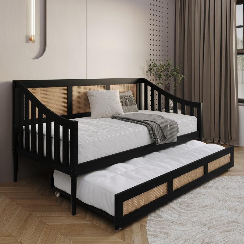 Siyah Masif Ahşap ve MDF Rattan Tasarımlı Tekerlekli Yavru Yataklı Karyola - 206x107 cm - 329430