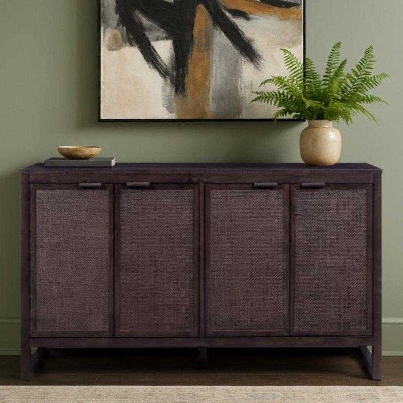 Siyah Masif Çam Rattan Kapaklı Ayarlanabilir Raflı Bohem Konsol - 140 cm - 324985