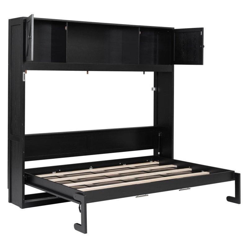 Siyah Masif Çam ve MDF 3 Saklama Dolaplı Kır Evi Tasarımlı Duvar Yatağı - 154x211 cm - 265087
