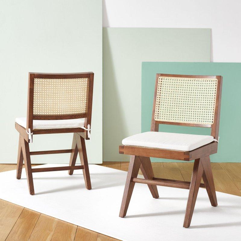 Siyah Masif Dişbudak Beyaz Minderli Rattan Sandalye 2li Set - 46x51x87 cm - 252633