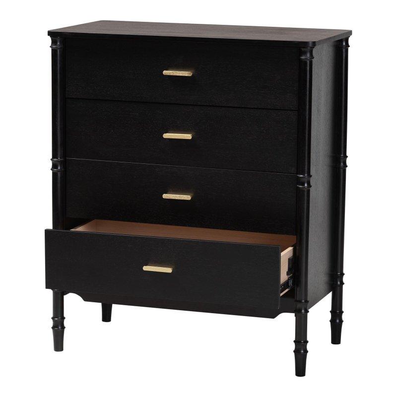 Siyah Masif Kauçuk Ağacı Gold Kulplu 4 Çekmeceli Bambu Tasarım Ayaklı Şifonyer - 84x45x99 cm - 297304