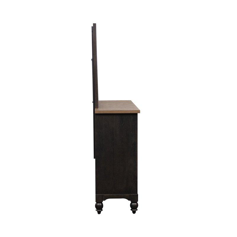 Siyah Masif Kavak ve Meşe Kaplama Eskitme Tasarımlı 9 Çekmeceli Aynalı Şifonyer - 168x46x196 cm - 308327