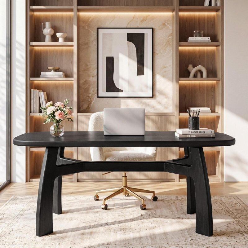 Siyah Masif Köknar Ağacı Kavisli Kenarlı H-Form Ayaklı Ofis Masası - 161x81 cm - 326070