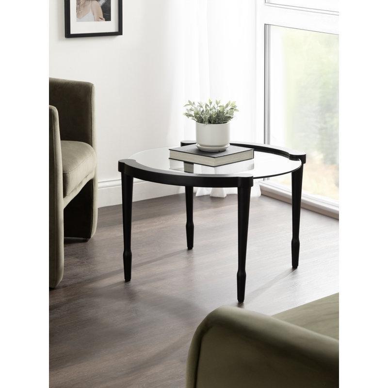 Siyah Masif Mango Ahşap ve Cam Yüzer Tasarım Yuvarlak Orta Sehpa - 72x67 cm - 243738