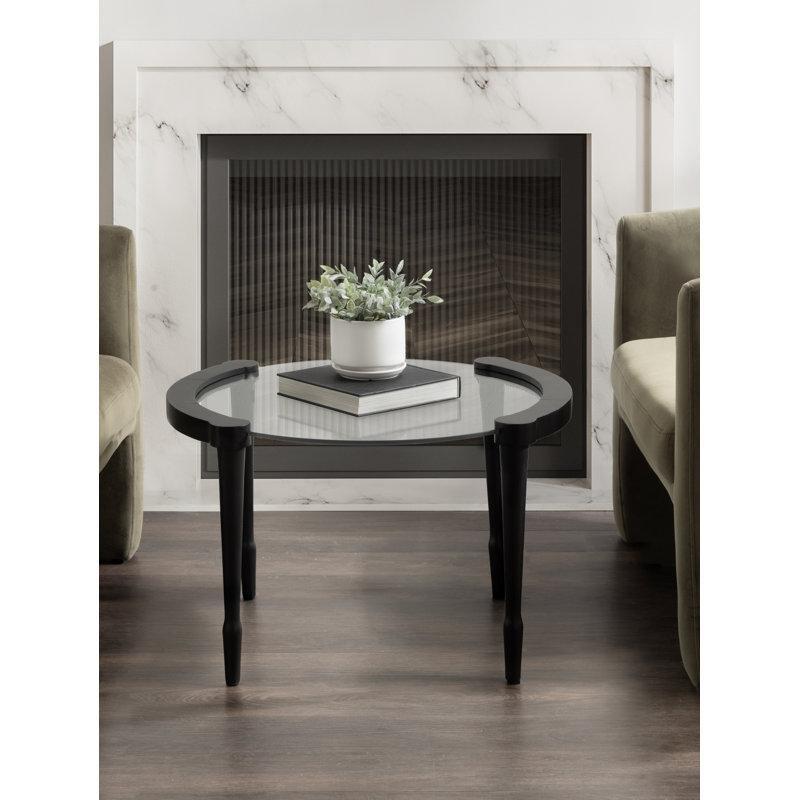 Siyah Masif Mango Ahşap ve Cam Yüzer Tasarım Yuvarlak Orta Sehpa - 72x67 cm - 243738