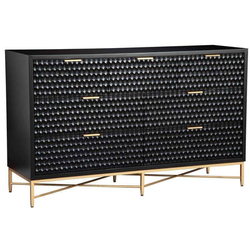 Siyah Maun Ağacı Dokulu 7 Çekmeceli Gold Metal Ayaklı Şifonyer - 143x46x87 cm - 308346