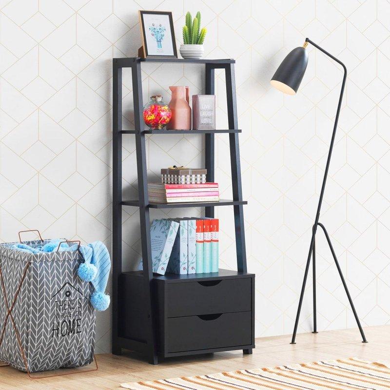 Siyah MDF 2 Çekmeceli 4 Raflı Merdiven Kitaplık - 49x41x133 cm - 319377