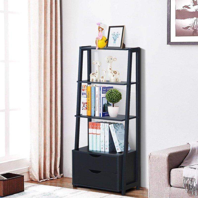 Siyah MDF 2 Çekmeceli 4 Raflı Merdiven Tasarım 2li Set Kitaplık - 133 cm - 314033
