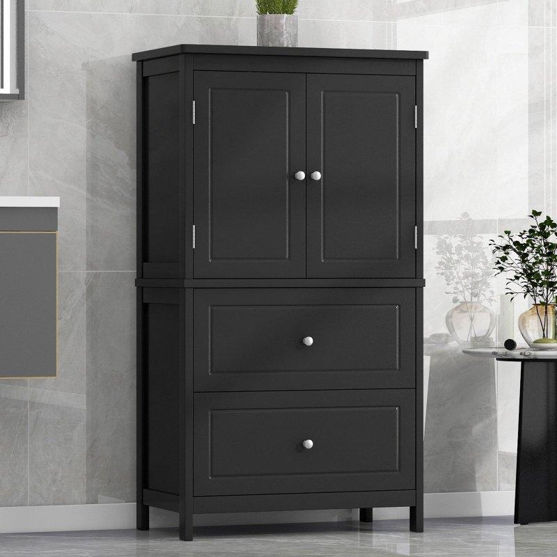 Siyah MDF 2 Çekmeceli ve Ayarlanabilir Raflı Çok Amaçlı Banyo Dolabı - 60x30x111 cm - 333836