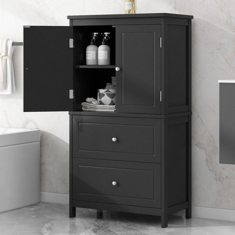 Siyah MDF 2 Çekmeceli ve Ayarlanabilir Raflı Çok Amaçlı Banyo Dolabı - 60x30x111 cm - 333836