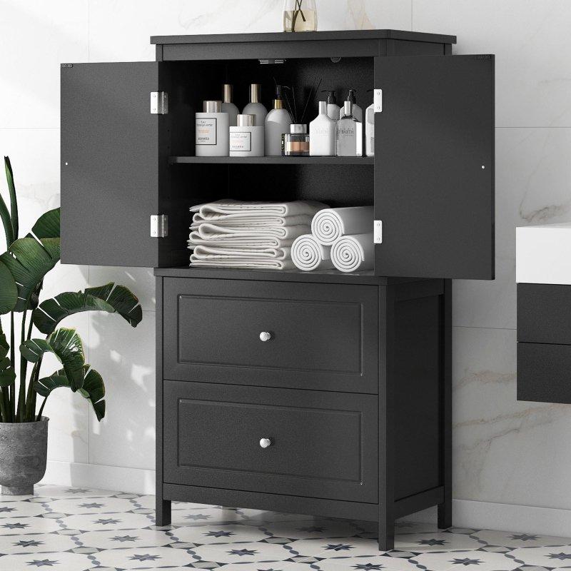 Siyah MDF 2 Çekmeceli ve Ayarlanabilir Raflı Çok Amaçlı Banyo Dolabı - 60x30x111 cm - 333836 Siyah MDF 2 Çekmeceli ve Ayarlanabilir Raflı Çok Amaçlı Banyo Dolabı - 60x30x111 cm - 333836